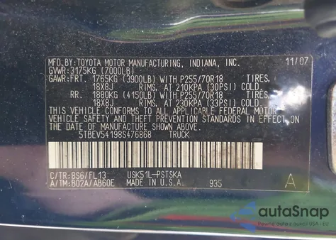 2008 Toyota Tundra Sr5 5.7L V8 z USA, uszkodzony, nr VIN 5TBEV54198S476868
